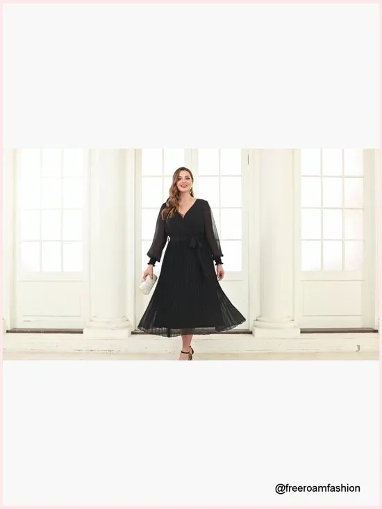Plus Size Long Sleeve Pleated Midi Dress for Wedding Guest Semi Formal - Picture 7 of 7